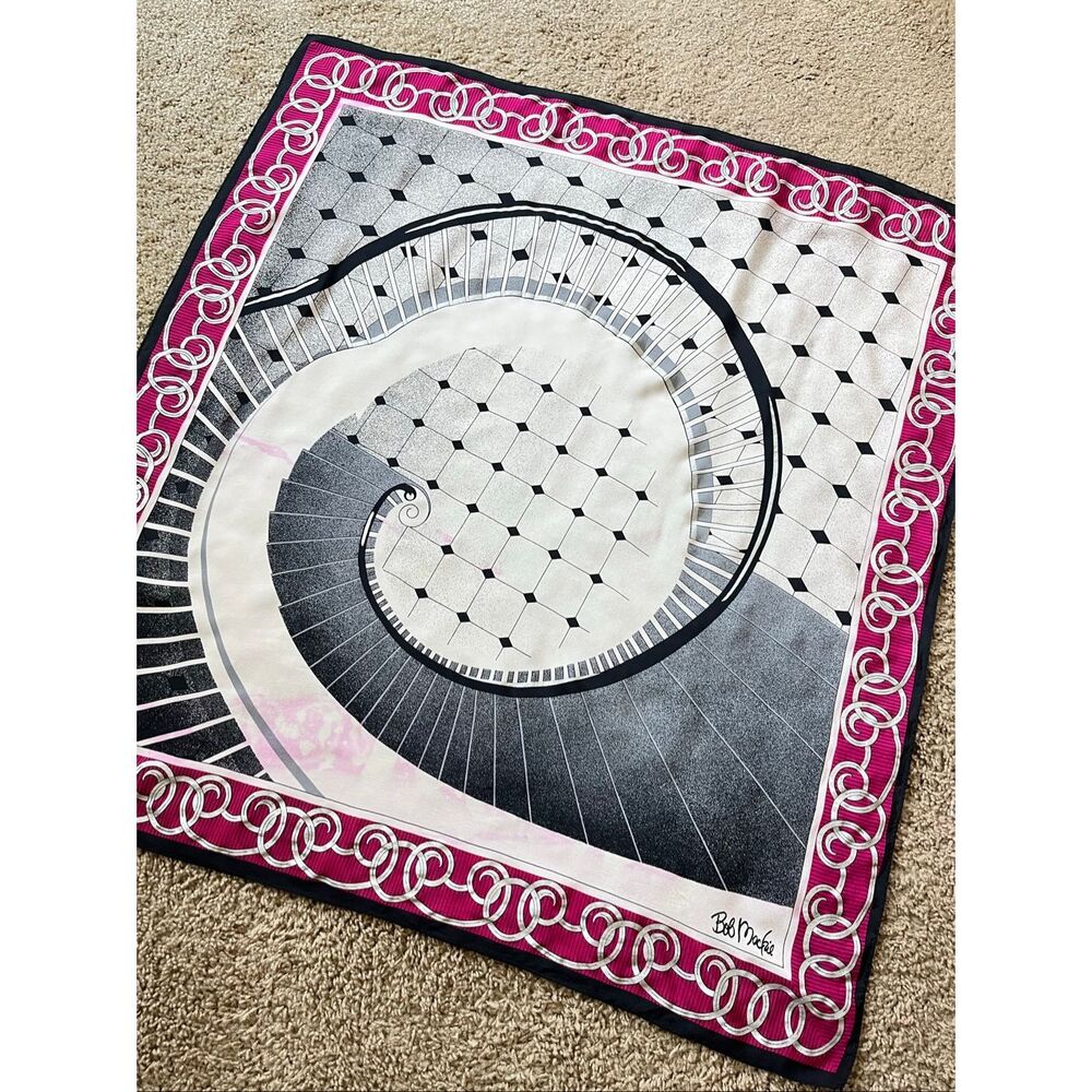 VTG Bob Mackie Silk Scarf Op Art Staircase Illusion Metallic 80s Statement 33"